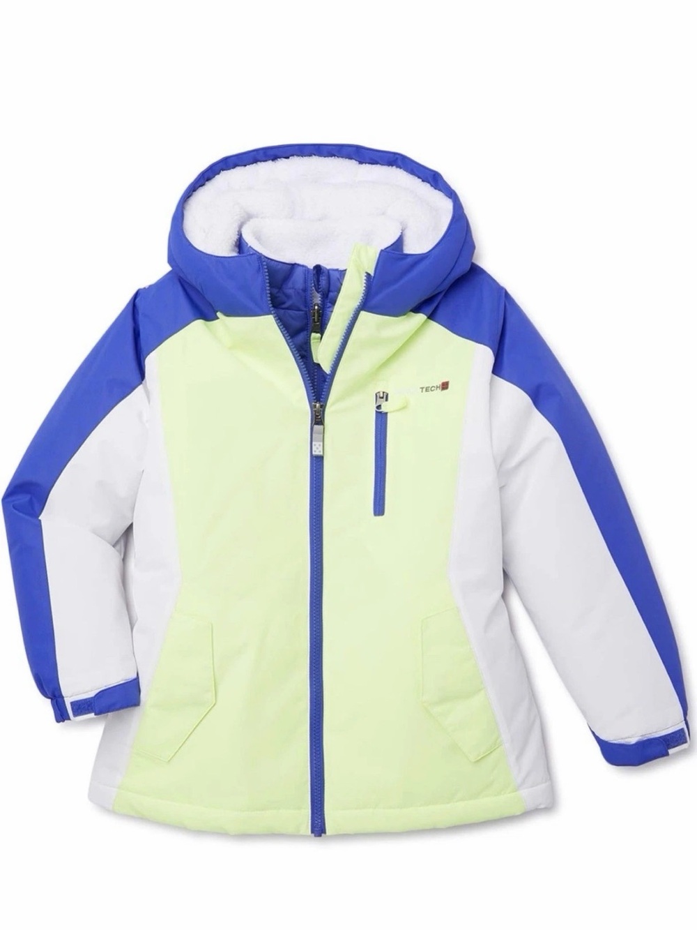 Swiss Tech Teen Colorblock Hooded Puffer Jacket - Neon Yellow, Blue & White